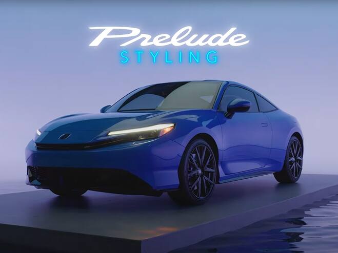 2027 Honda Prelude static 3/4 front view in a showroom (exhilarating hybrid coupe).